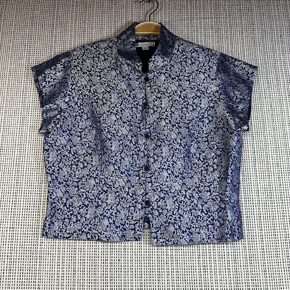 Vintage 80s Kimeral Metallic Brocade Jacket Navy Silver Floral Made USA Glam